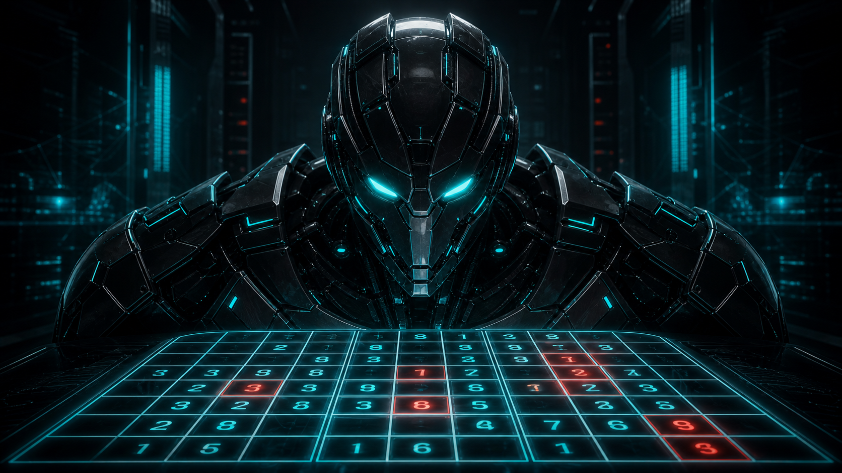Robopol Refined Sudoku robot in a glowing constraint-grid lab