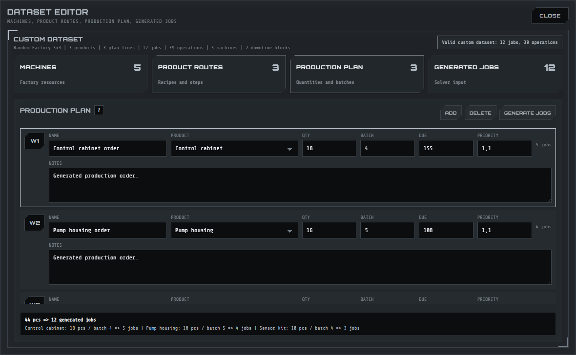 JSSP Solver production plan editor