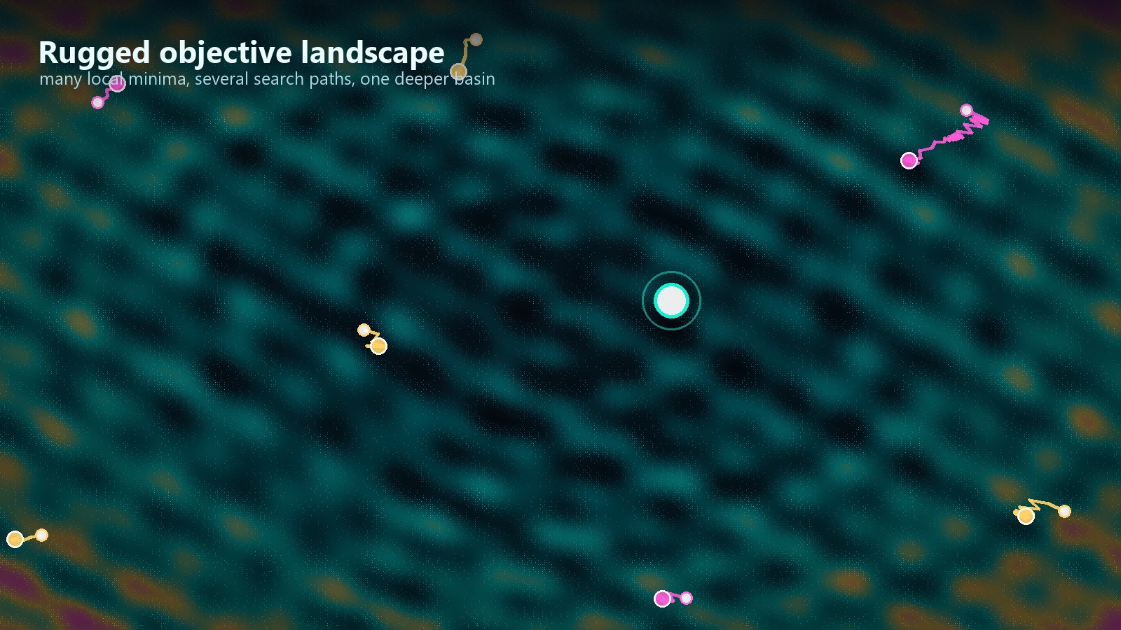 Rugged objective function with many local minima and guided Robopol Refined search paths